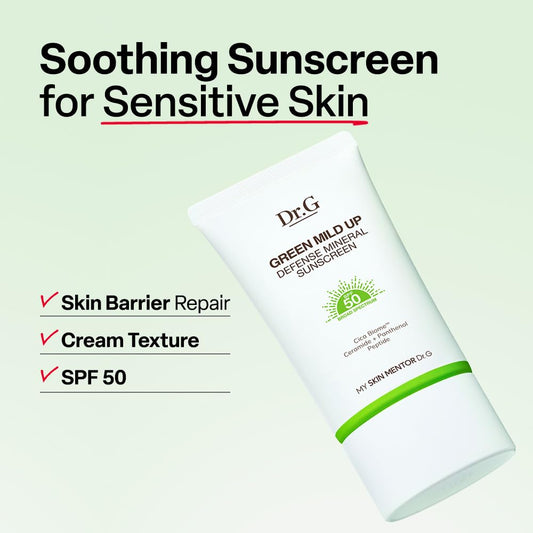 Dr. G Green Mild Up Defense Mineral Sunscreen SPF50 50ml – Gentle Mineral Sunscreen for Sensitive Skin