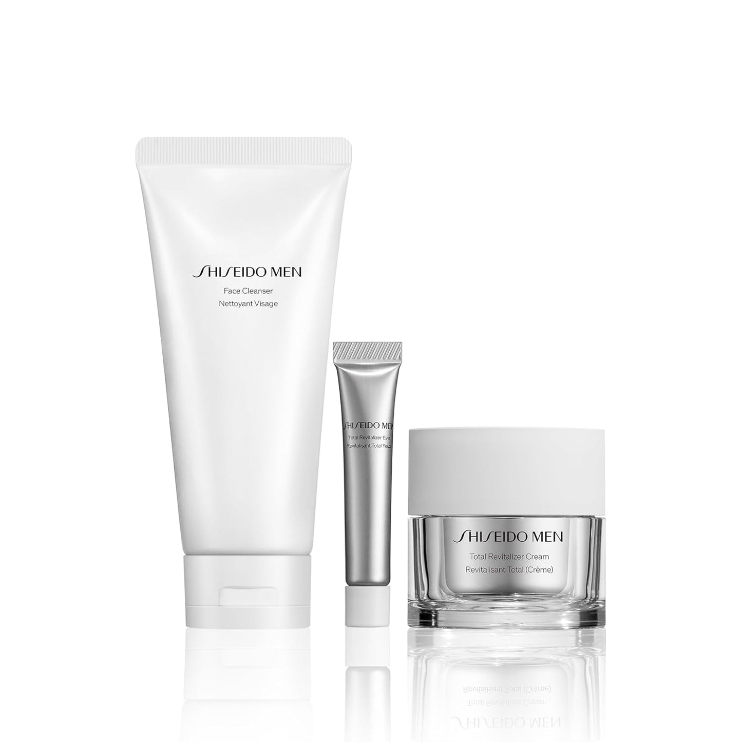 Shiseido Men's Cleanse & Moisturize Set – 3-Piece Anti-Aging Grooming Routine (Full-Size Cleanser & Total Revitalizer Cream)