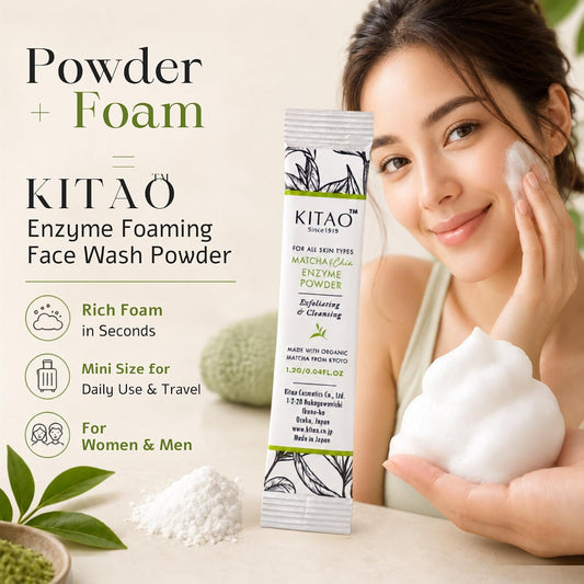 KITAO Enzyme Foaming Face Wash Powder tube shown beside a woman applying white foam to her face, with text callouts about rich foam, mini size, and use for women and men on a light beige background.