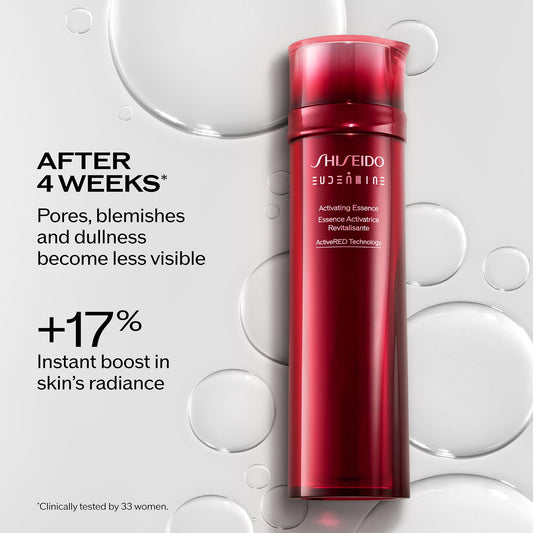 Shiseido skincare bottle with text on a white background