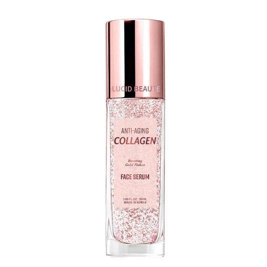 A bottle of Liquid Beauté Anti-Aging Collagen Face Serum, featuring a clear glass bottle filled with sparkling light pink liquid and a metallic rose gold cap, set against a plain white background.