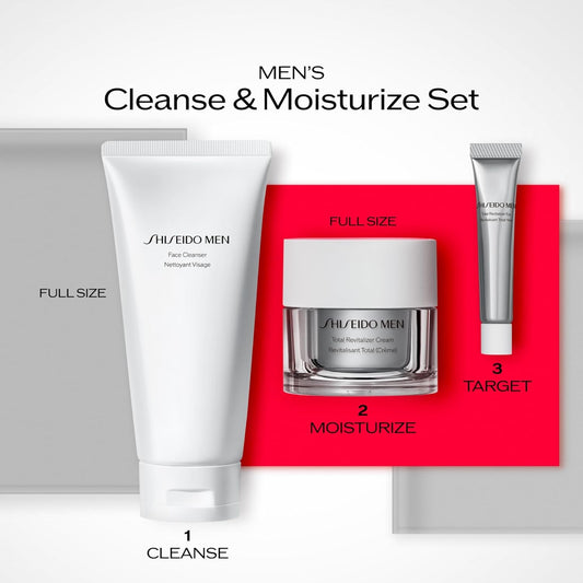 Shiseido Men's Cleanse & Moisturize Set – 3-Piece Anti-Aging Grooming Routine (Full-Size Cleanser & Total Revitalizer Cream)