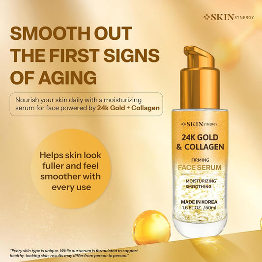 Skin Synergy 24K Gold & Collagen Firming Face Serum – Hydrating Korean Anti-Aging Serum | 50ml