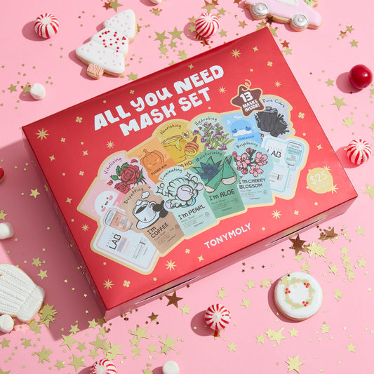Tony Moly All You Need Mask Set packaging on a pink background with decorative elements.