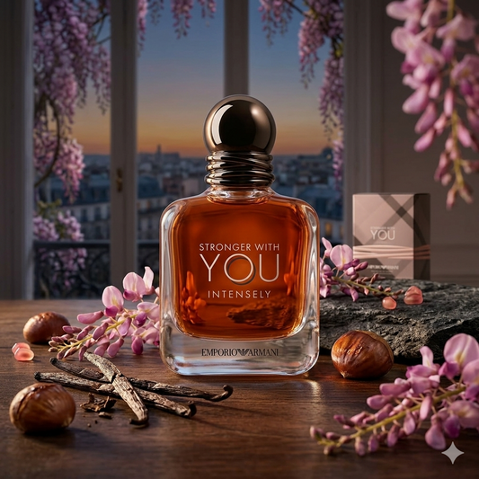 Perfume bottle labeled 'Stronger with You Intensely' by Emporio Armani on a wooden surface with flowers and vanilla beans.