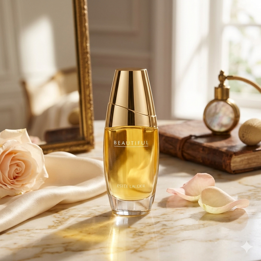 Estée Lauder Beautiful perfume bottle on a marble surface with roses and a mirror in the background