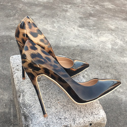 Women Heels Leopard Patent Leather Pumps Pointed Toe Stiletto Ultra High Heel Sexy Ladies Party Shoes Black Leopard 12cm / 9