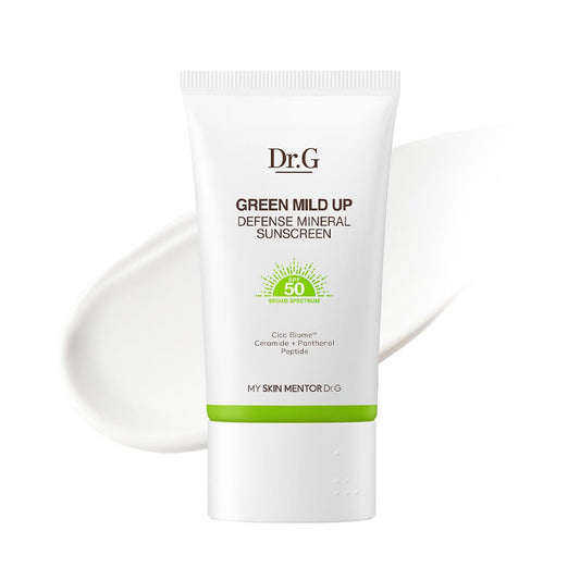 Dr.G Green Mild Up Defense Mineral Sunscreen tube on a white background