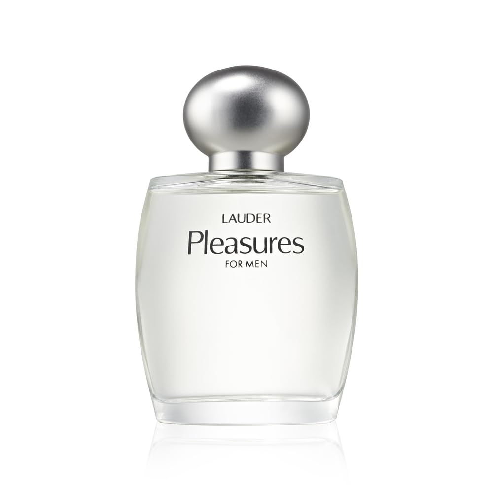 Perfume bottle labeled 'Lauder Pleasures for Men' on a white background