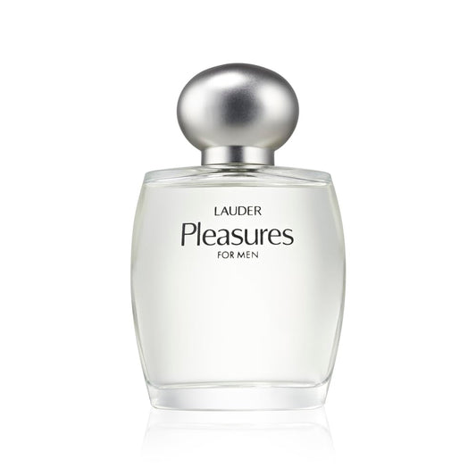 Perfume bottle labeled 'Lauder Pleasures for Men' on a white background
