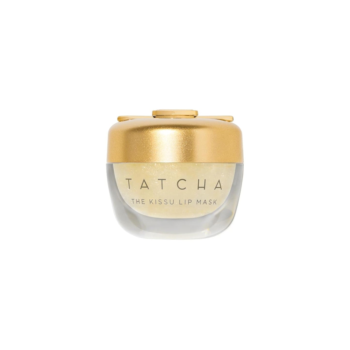Tatcha lip mask with gold lid on a white background