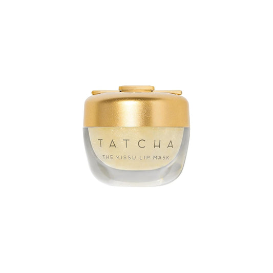 Tatcha lip mask with gold lid on a white background