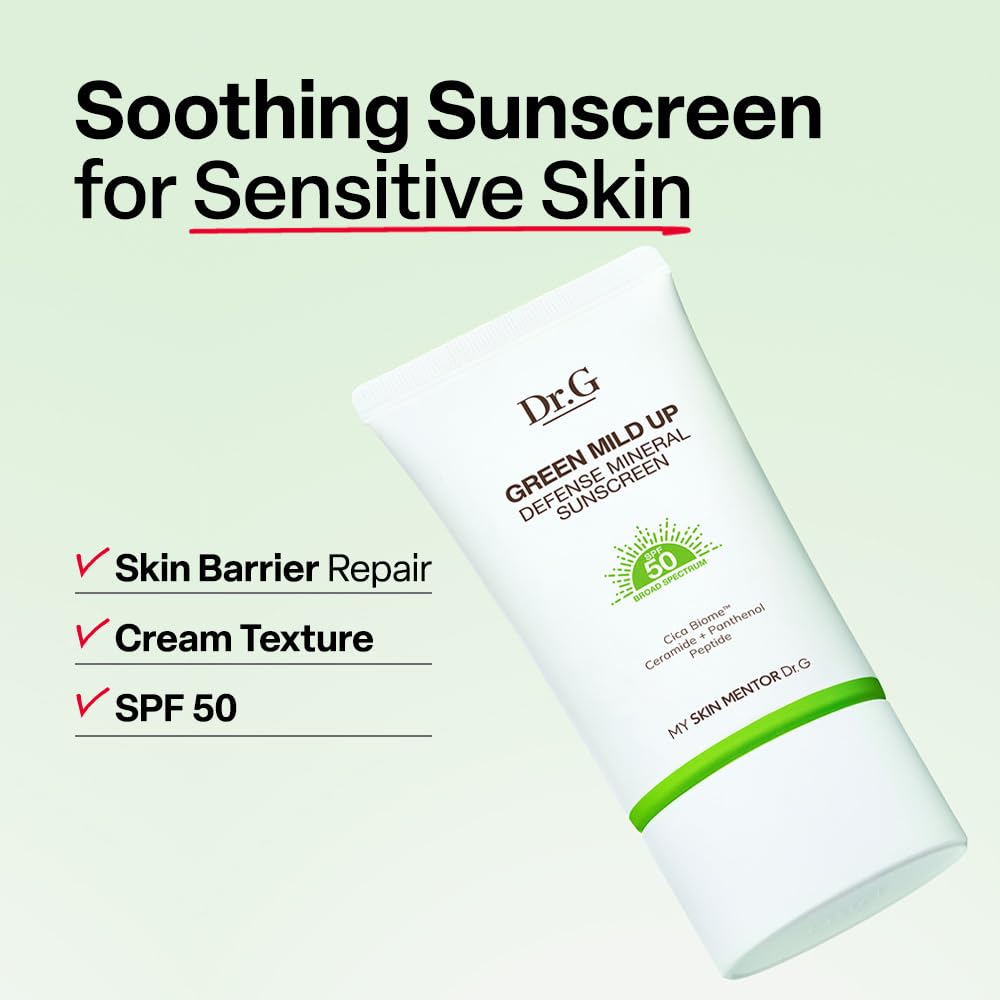 Dr. G Green Mild Up Defense Mineral Sunscreen SPF50 50ml – Gentle Mineral Sunscreen for Sensitive Skin
