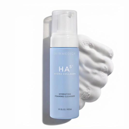 Skincare product with blue label and white pump on a white background