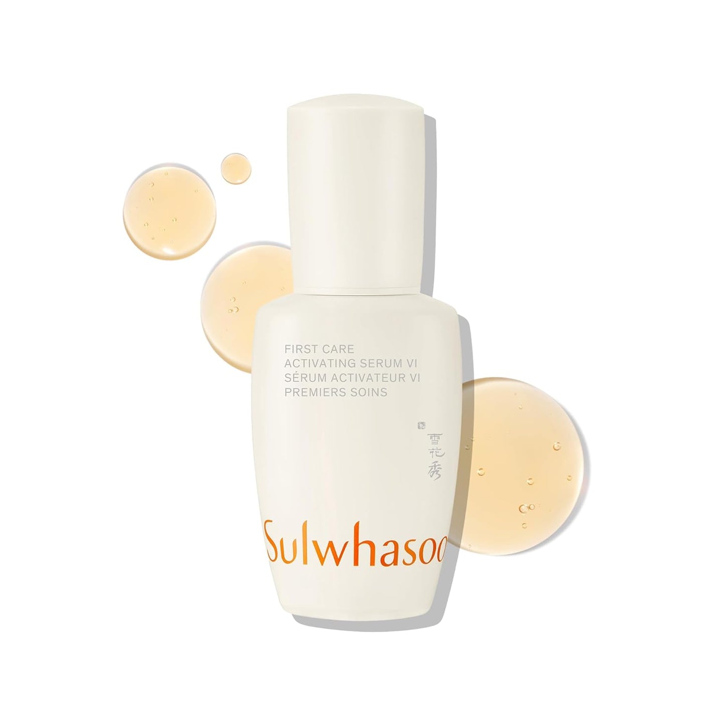 Sulwhasoo skincare serum bottle with droplets on a white background