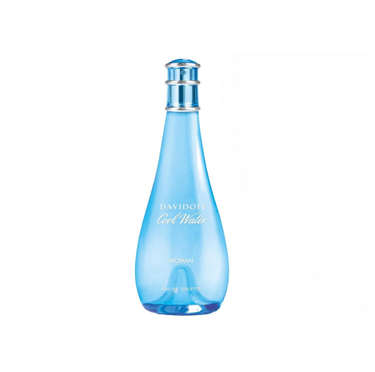 Blue perfume bottle with silver cap on a white background