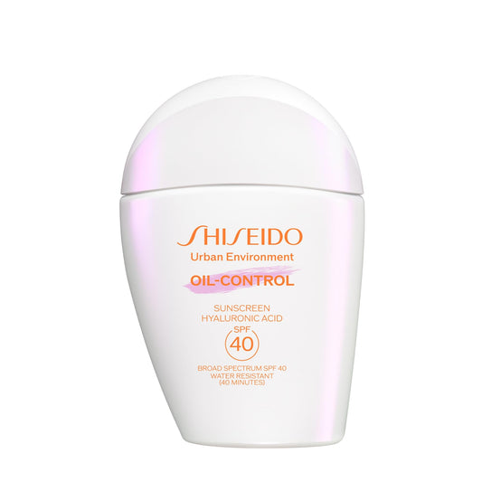 Shiseido Urban Environment Oil-Control sunscreen bottle on a white background