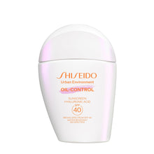 Shiseido Urban Environment Oil-Control sunscreen bottle on a white background