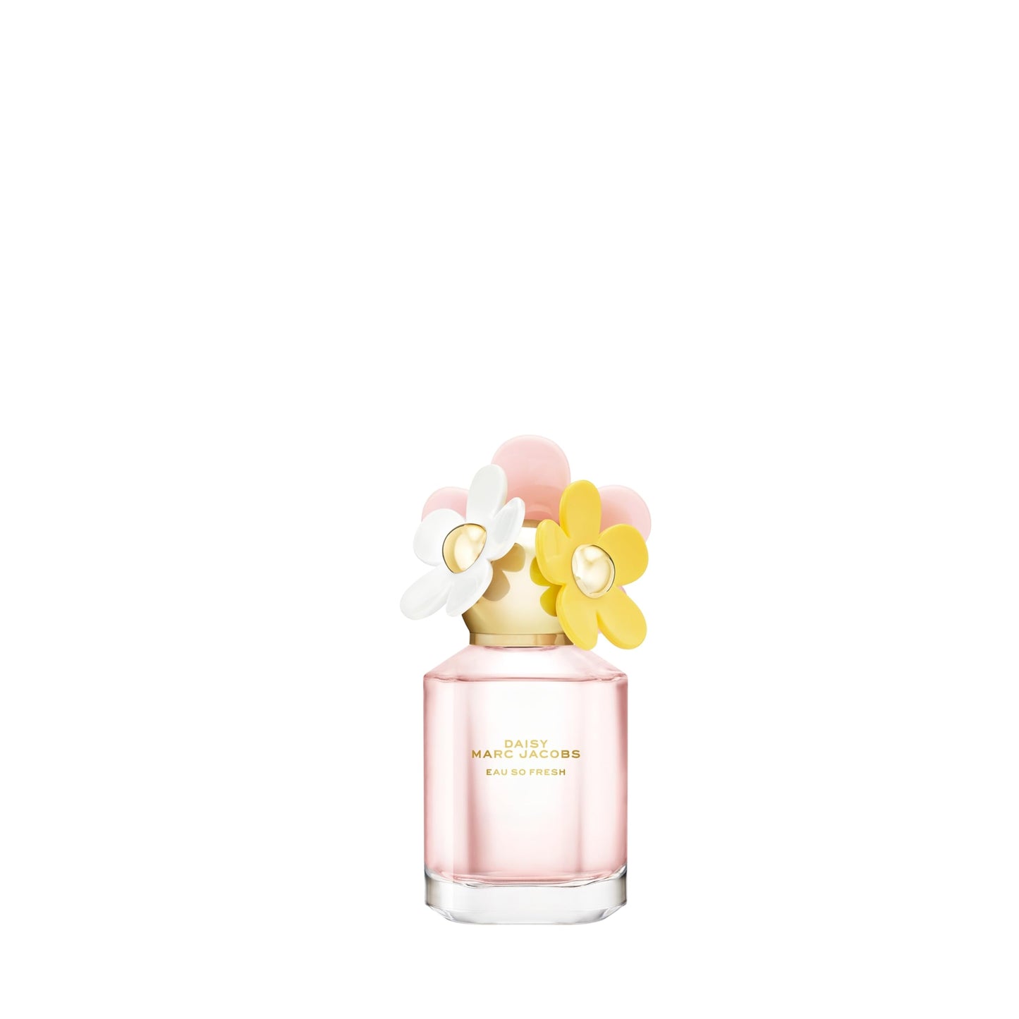 Pink perfume bottle with floral design on a white background