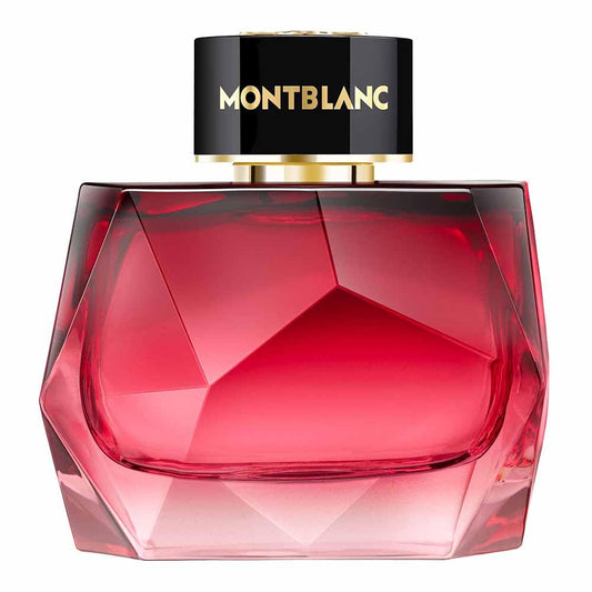 Montblanc perfume bottle with red glass and black cap on a white background