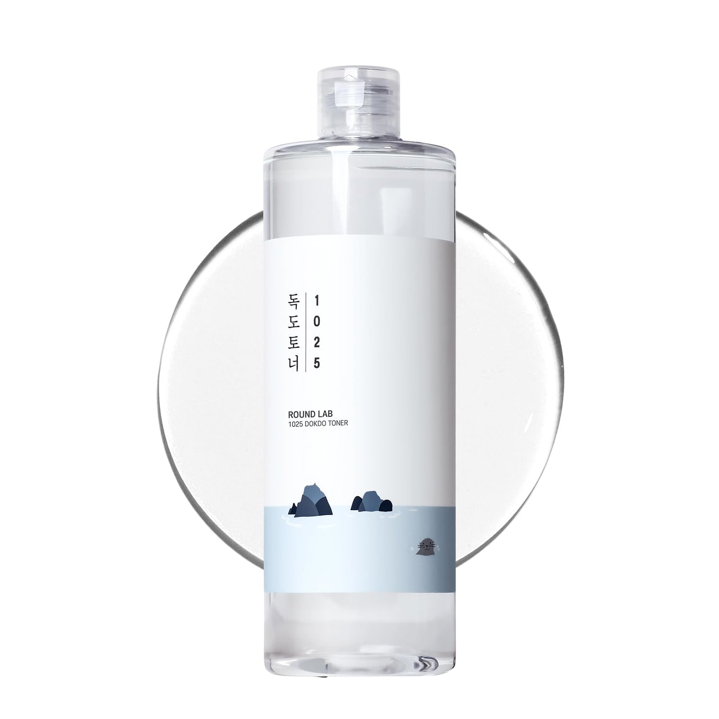 Clear bottle with a white label featuring text and blue elements on a white background