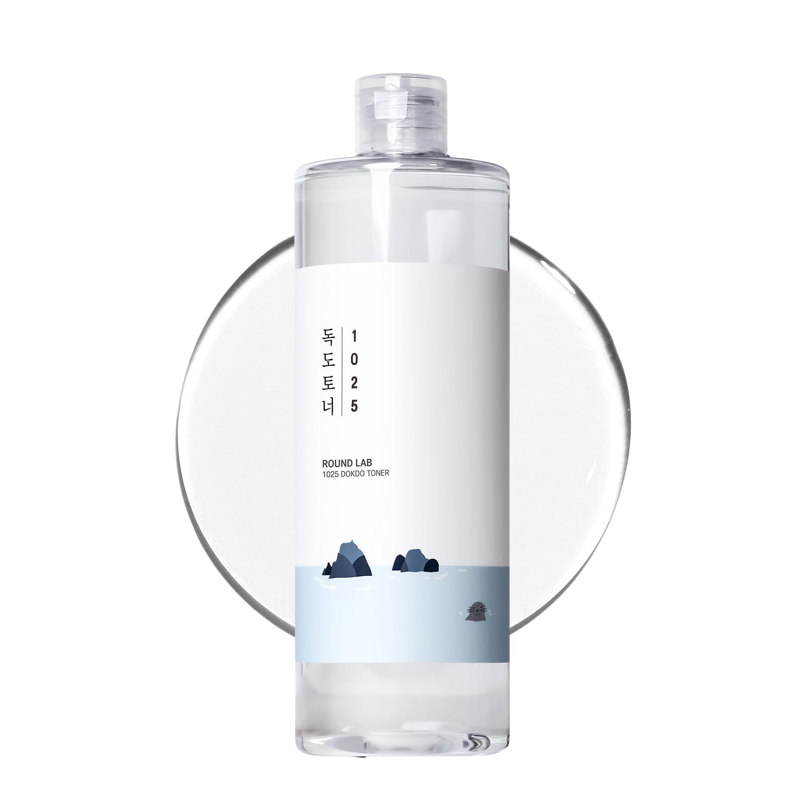 Clear bottle with a white label featuring text and blue elements on a white background