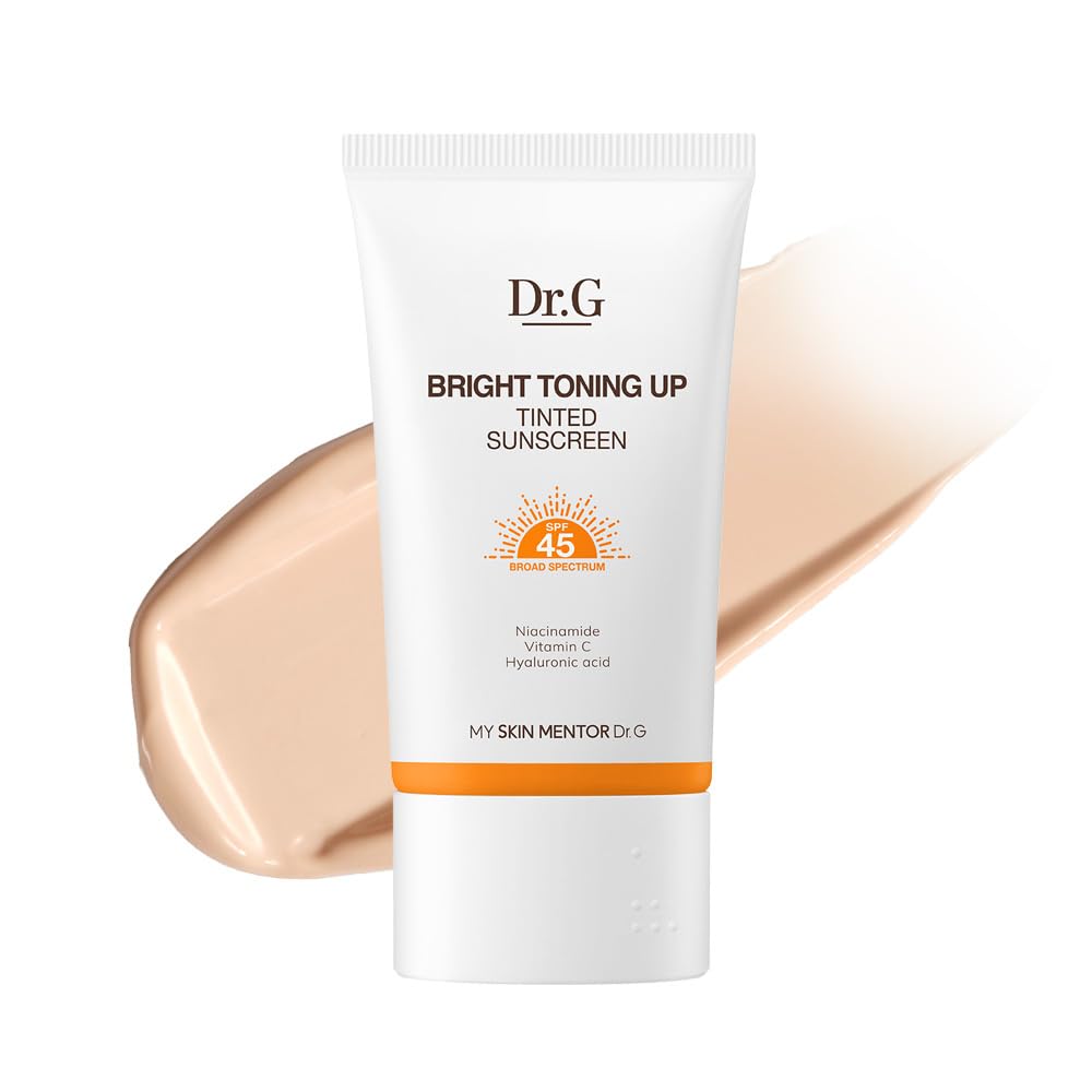 Dr.G Bright Toning Up Tinted Sunscreen tube with a swatch of sunscreen color on a white background