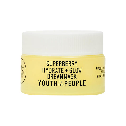 Cosmetic jar with 'Superberry Hydrate + Glow Dream Mask' by 'Youth to the People' on a white background