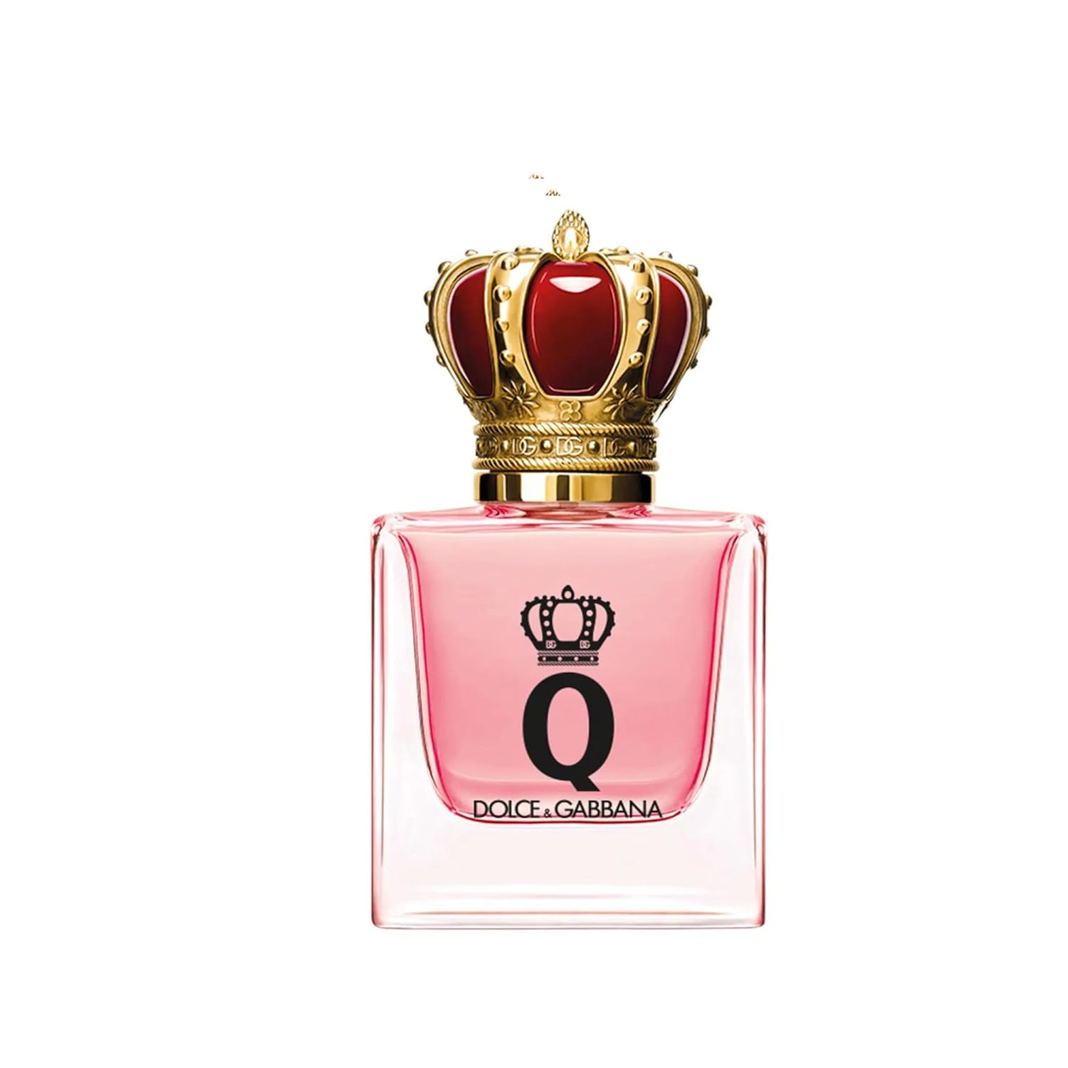 Dolce & Gabbana perfume bottle with a red and gold crown on a white background
