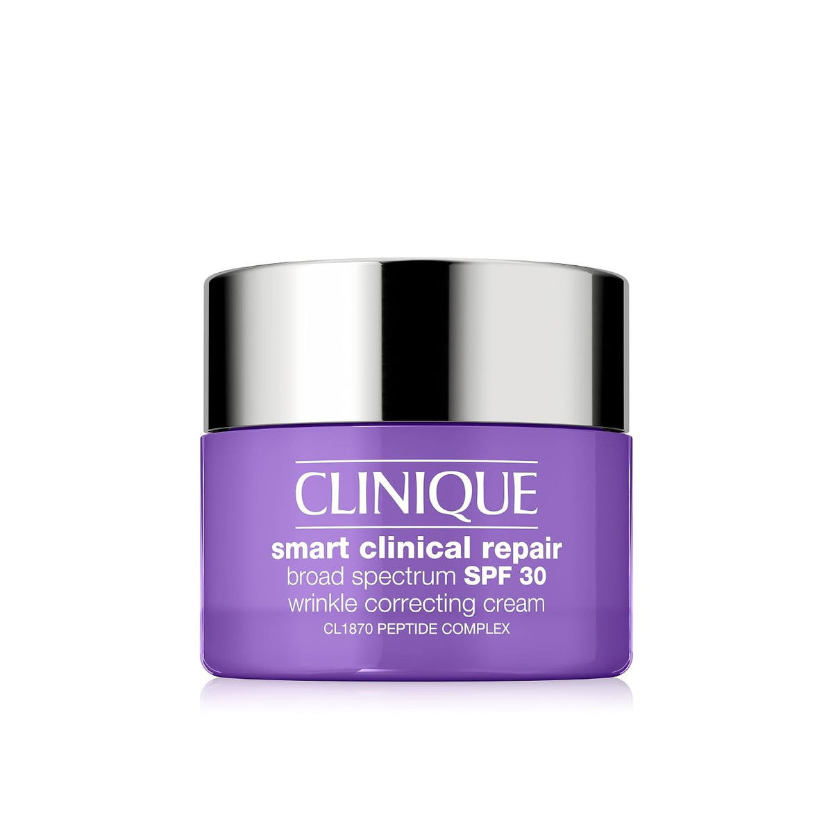 Clinique smart clinical repair cream jar with purple body and silver lid on a white background