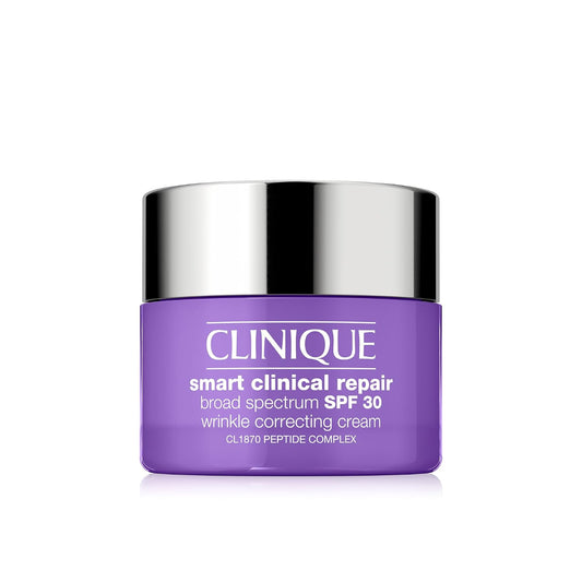 Clinique smart clinical repair cream jar with purple body and silver lid on a white background