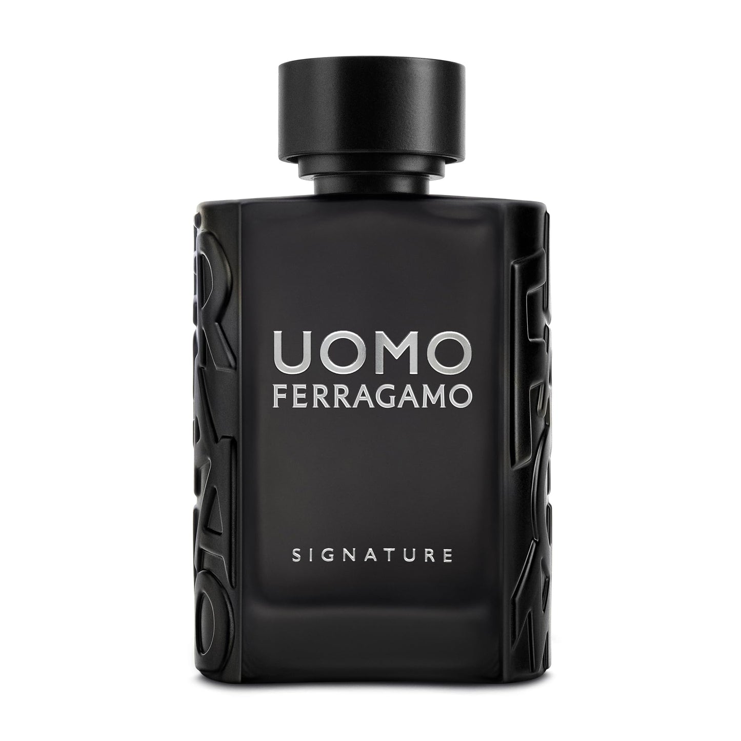 Black perfume bottle with 'Uomo Ferragamo' branding on a white background