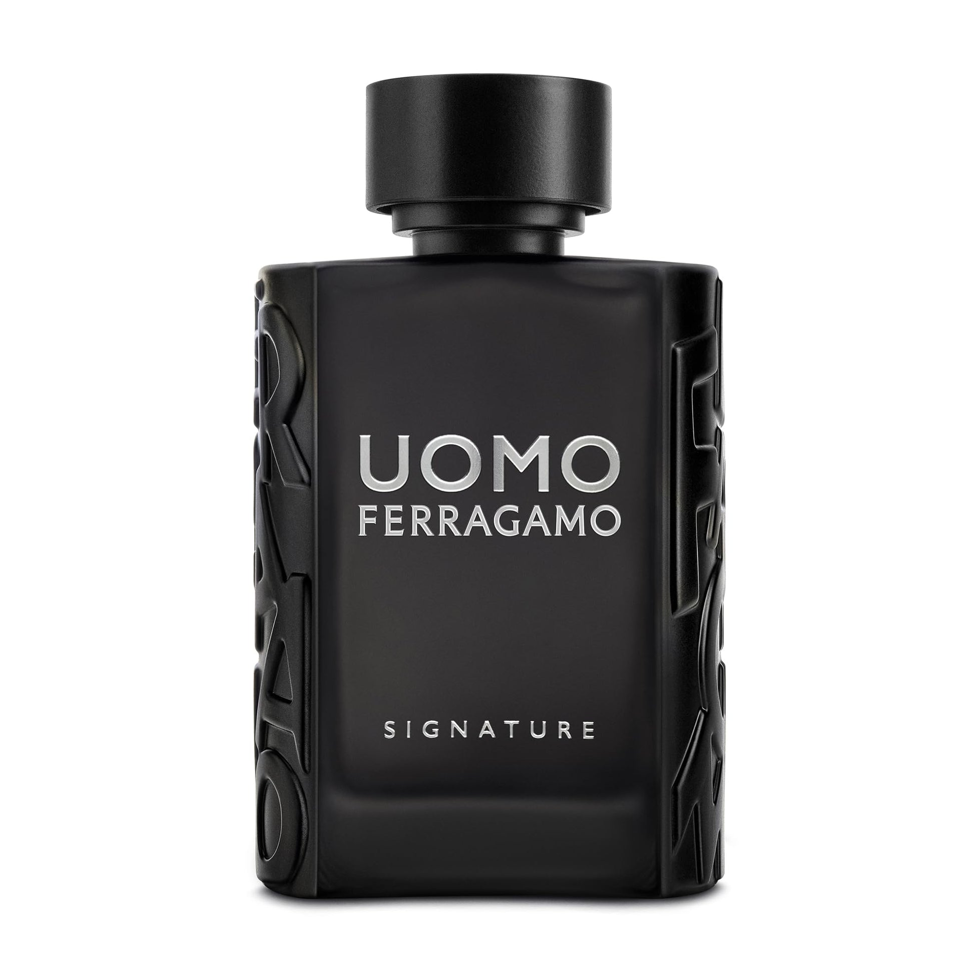 Black perfume bottle with 'Uomo Ferragamo' branding on a white background