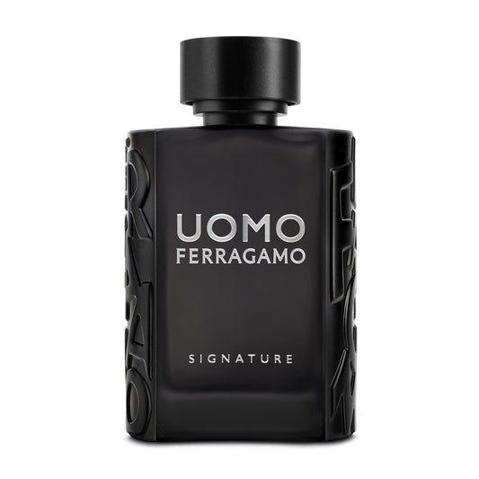 Black perfume bottle with 'Uomo Ferragamo' branding on a white background