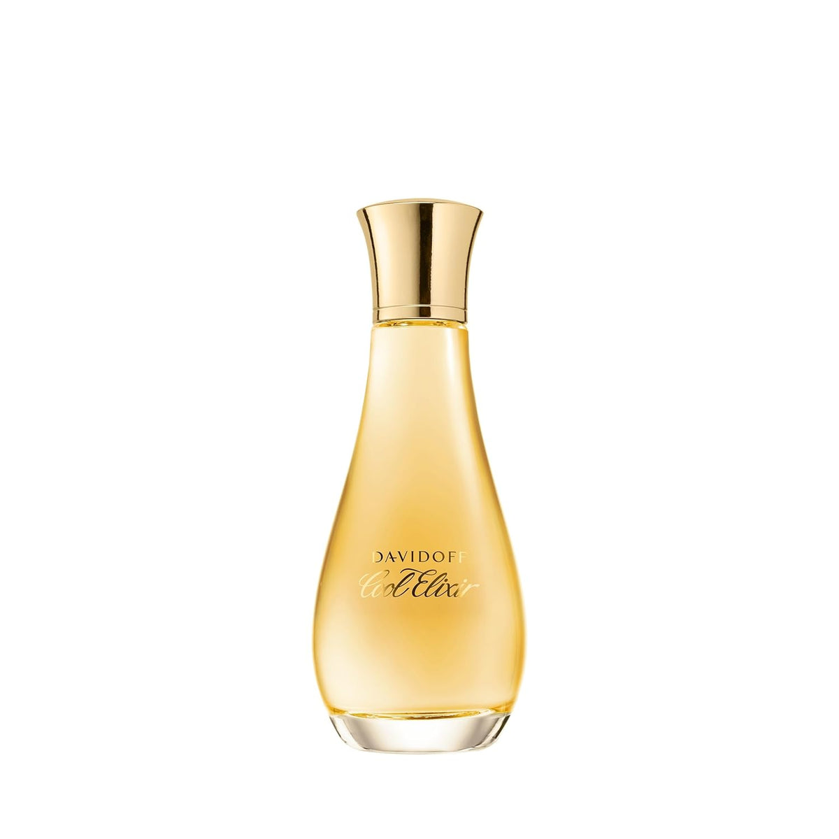 Perfume bottle with gold cap and label on a white background