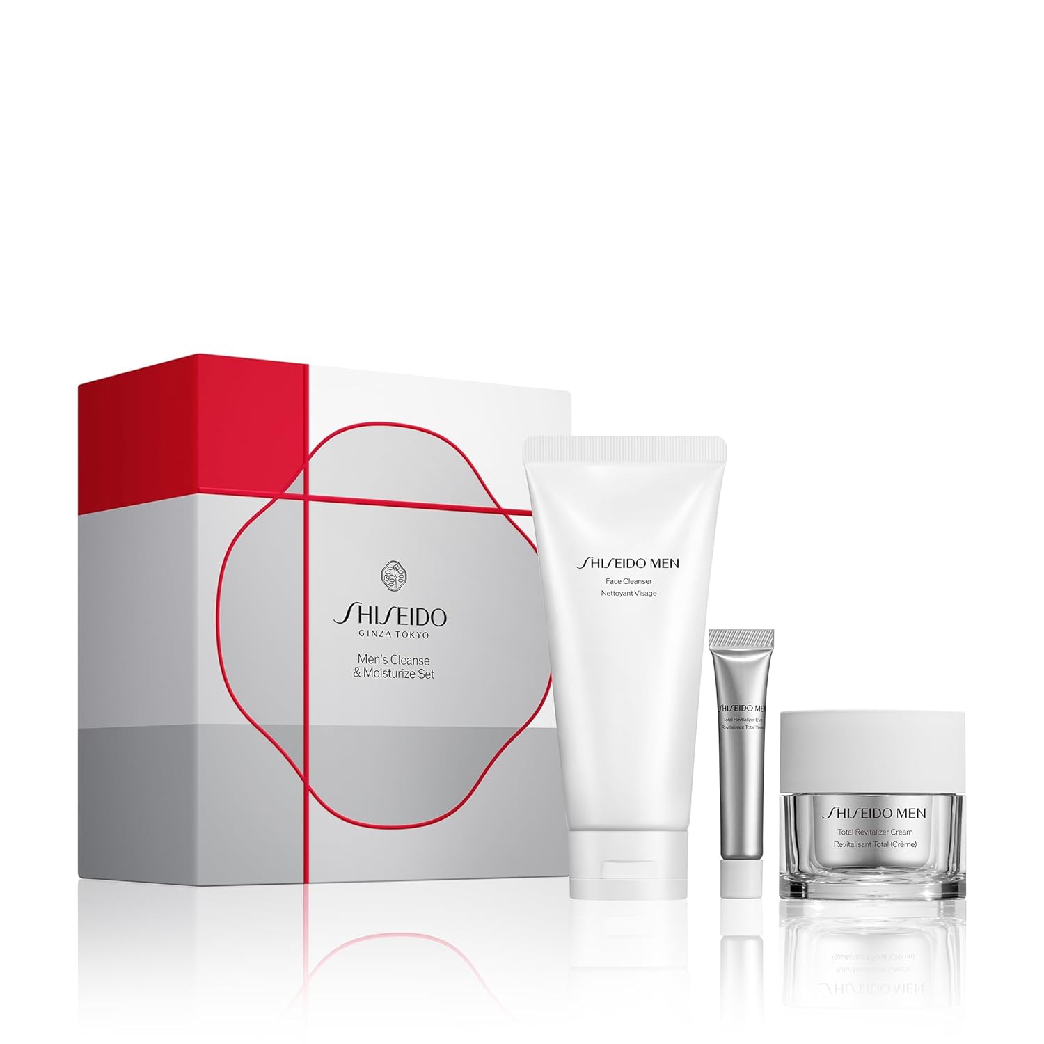 Shiseido Men's skincare set with cream, gel, and box on a white background
