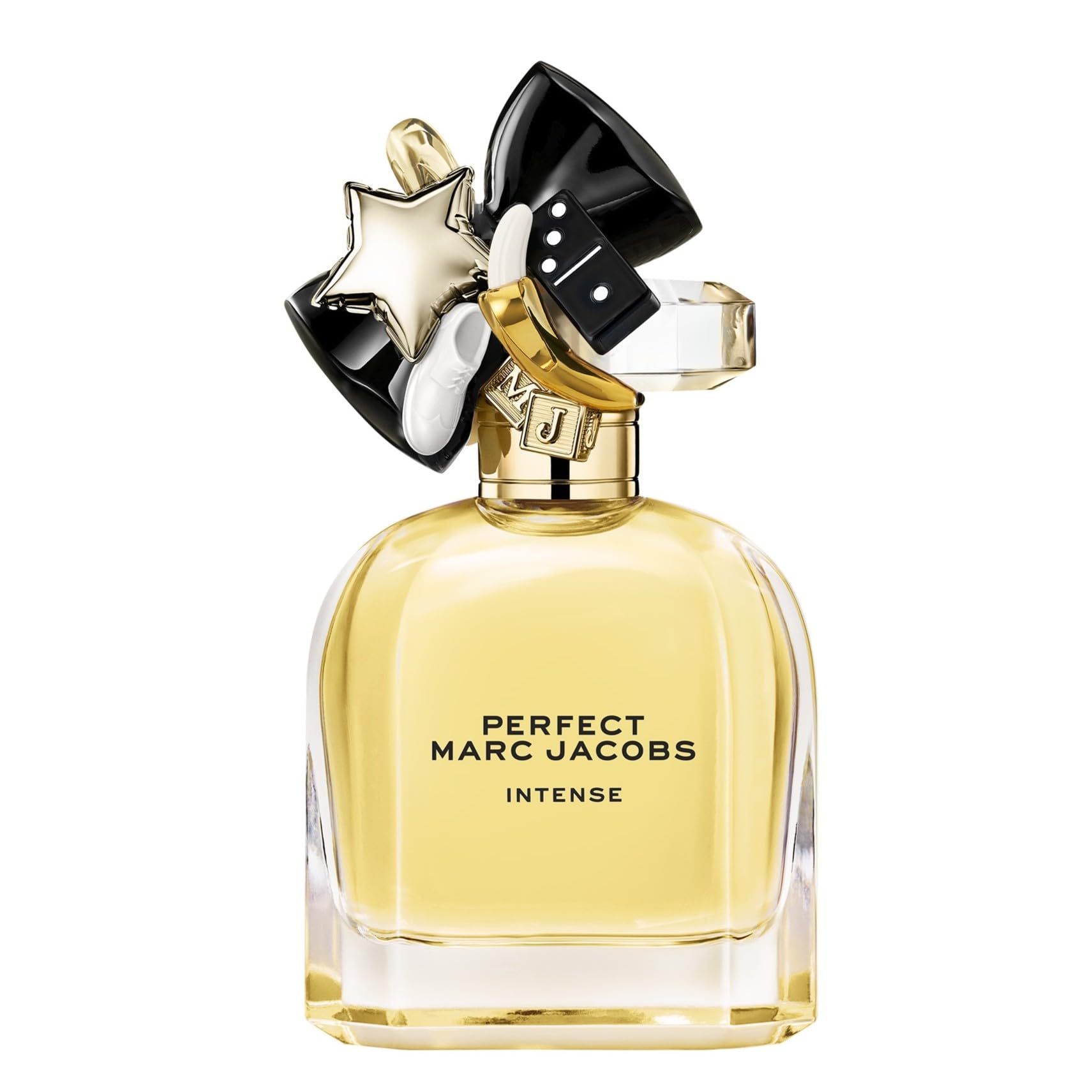 Marc Jacobs Perfect Intense perfume bottle with decorative cap on a white background