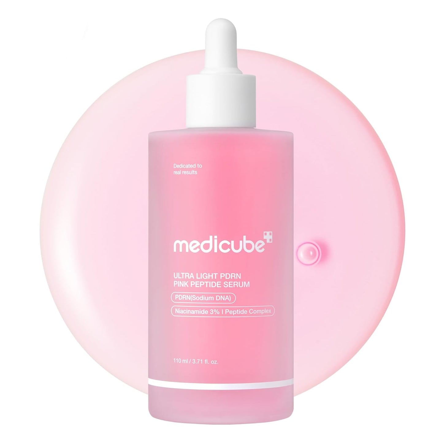 Pink skincare serum bottle with dropper on a white background