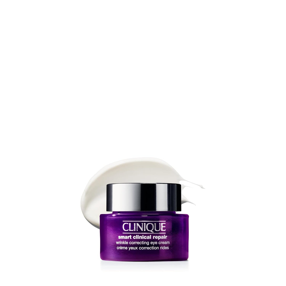 Clinique Smart Clinical Repair Wild-Catching Eye Cream in a deep purple jar with a reflective silver lid, shown with a white cream smear behind it on a clean white background.