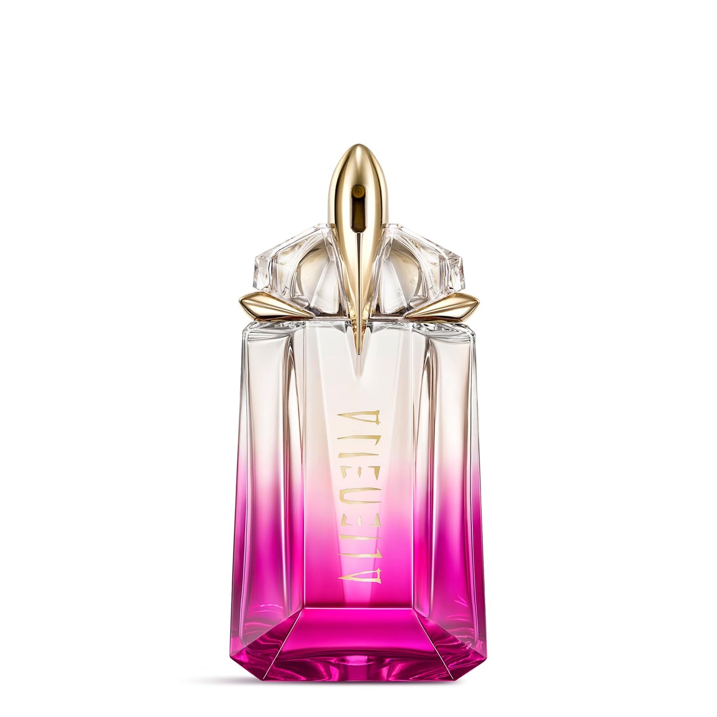 Perfume bottle with gradient design and gold cap on a white background