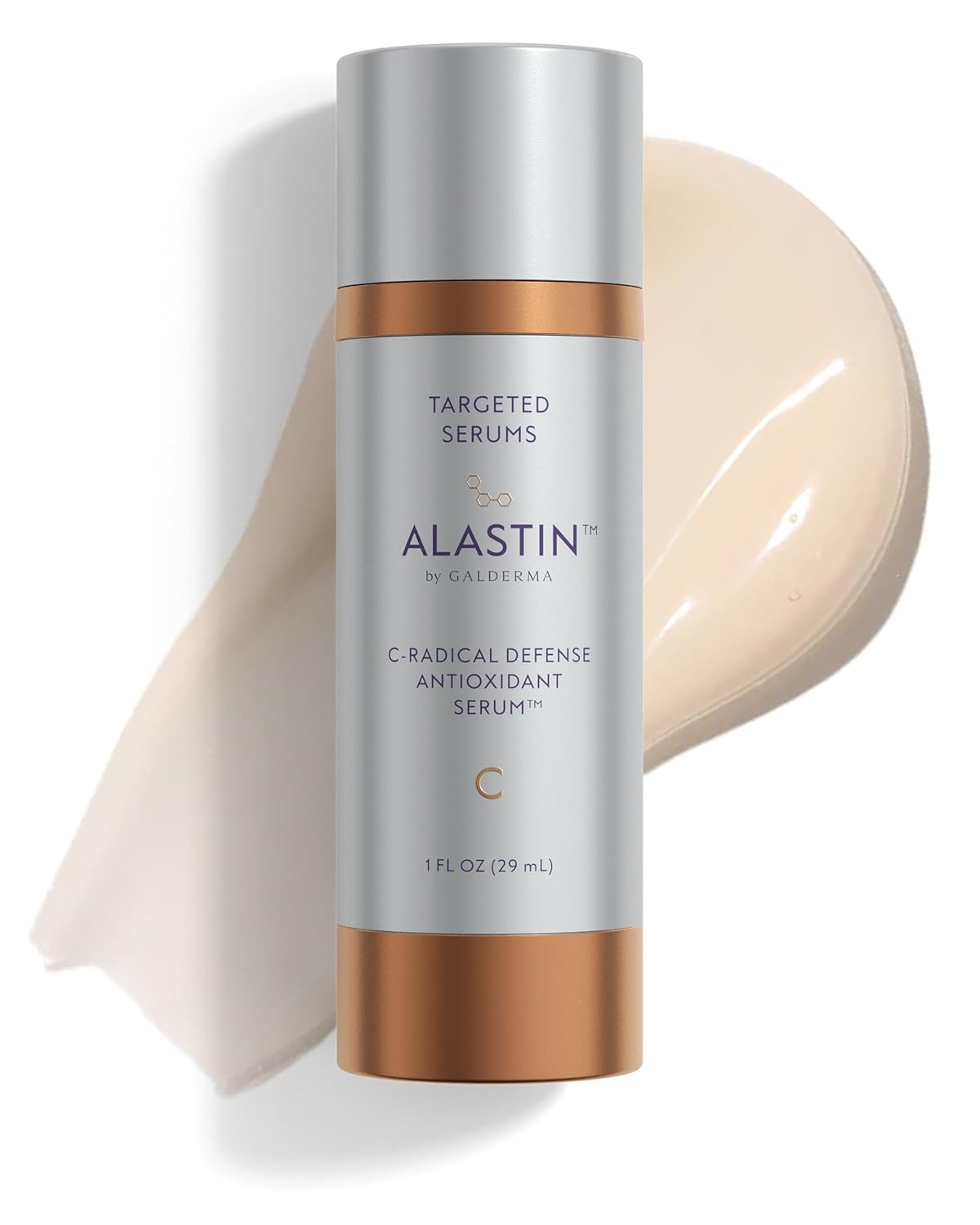 Alastin C-Radical Defense Antioxidant Serum bottle with a beige swatch on a white background