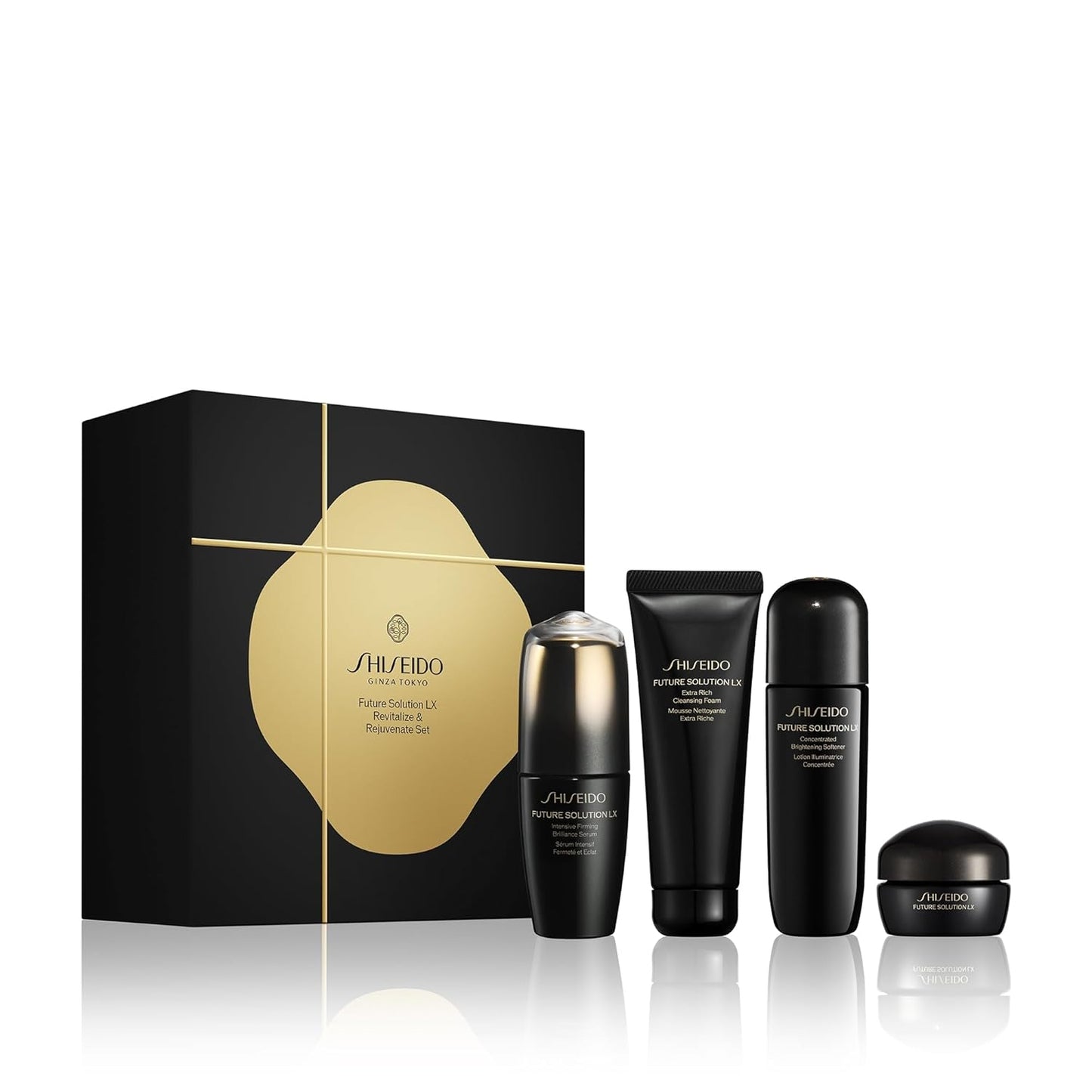 Shiseido skincare product set with black and gold packaging on a white background