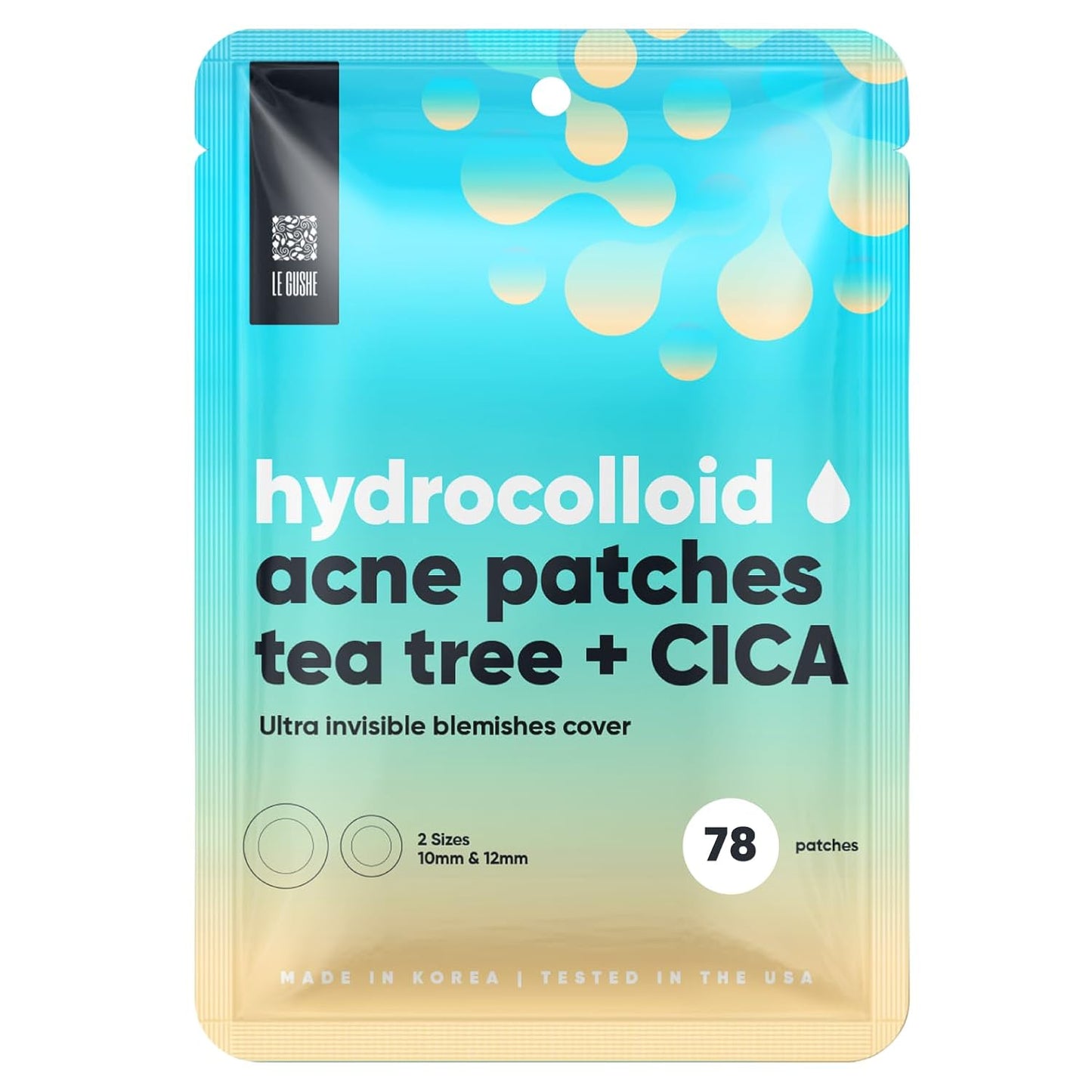 A single packet of LE LABOURE hydrocolloid acne patches in tea tree + CICA, featuring a blue-to-teal gradient with yellow-green droplet graphics and black text, on a white background.