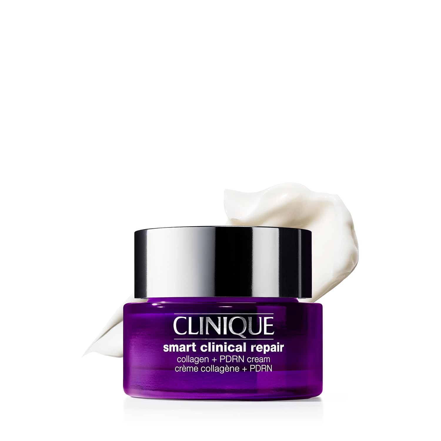 Clinique Smart Clinical Repair collagen + PORN cream in a purple jar with a black lid, shown on a white background with a dollop of white cream behind it.