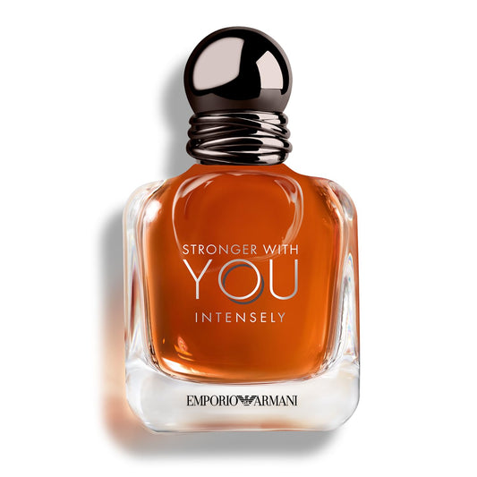 Perfume bottle with 'Stronger with You Intensely' text and Emporio Armani logo on a white background