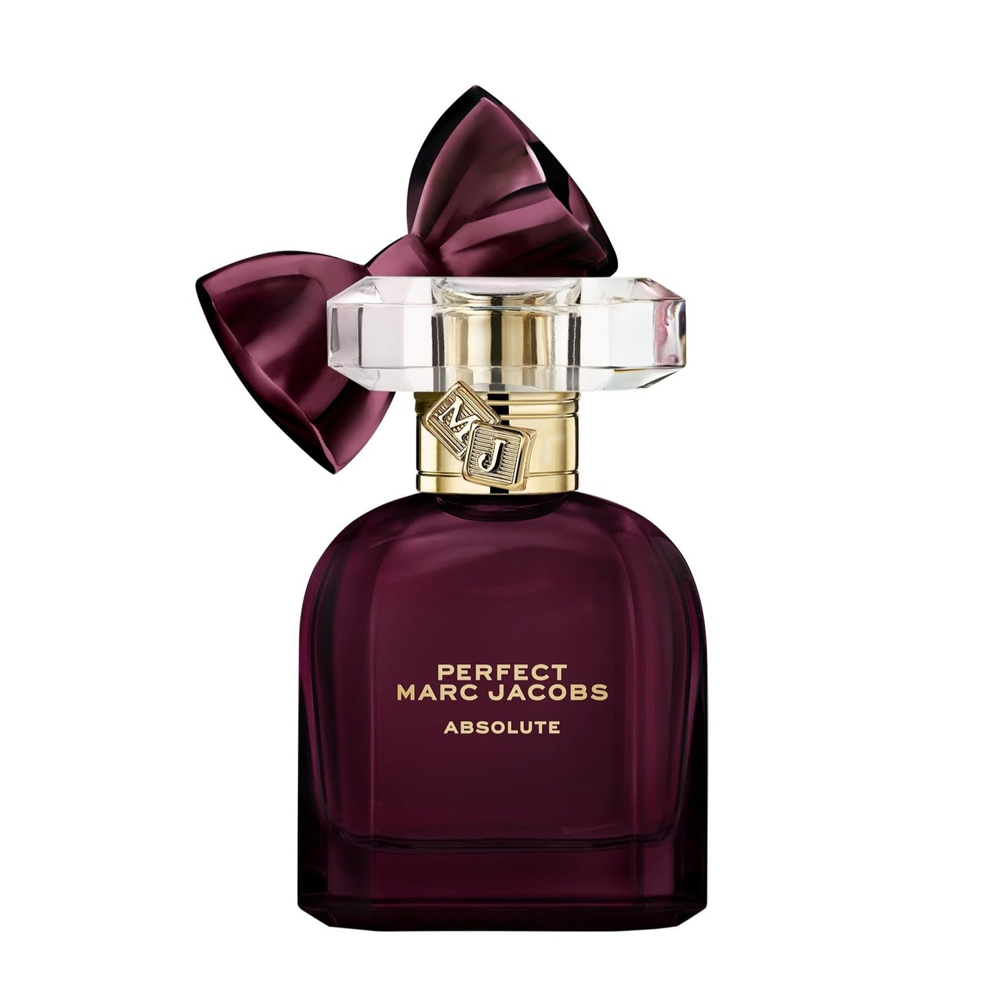 Marc Jacobs Perfect Absolute perfume bottle with a large purple bow on a white background