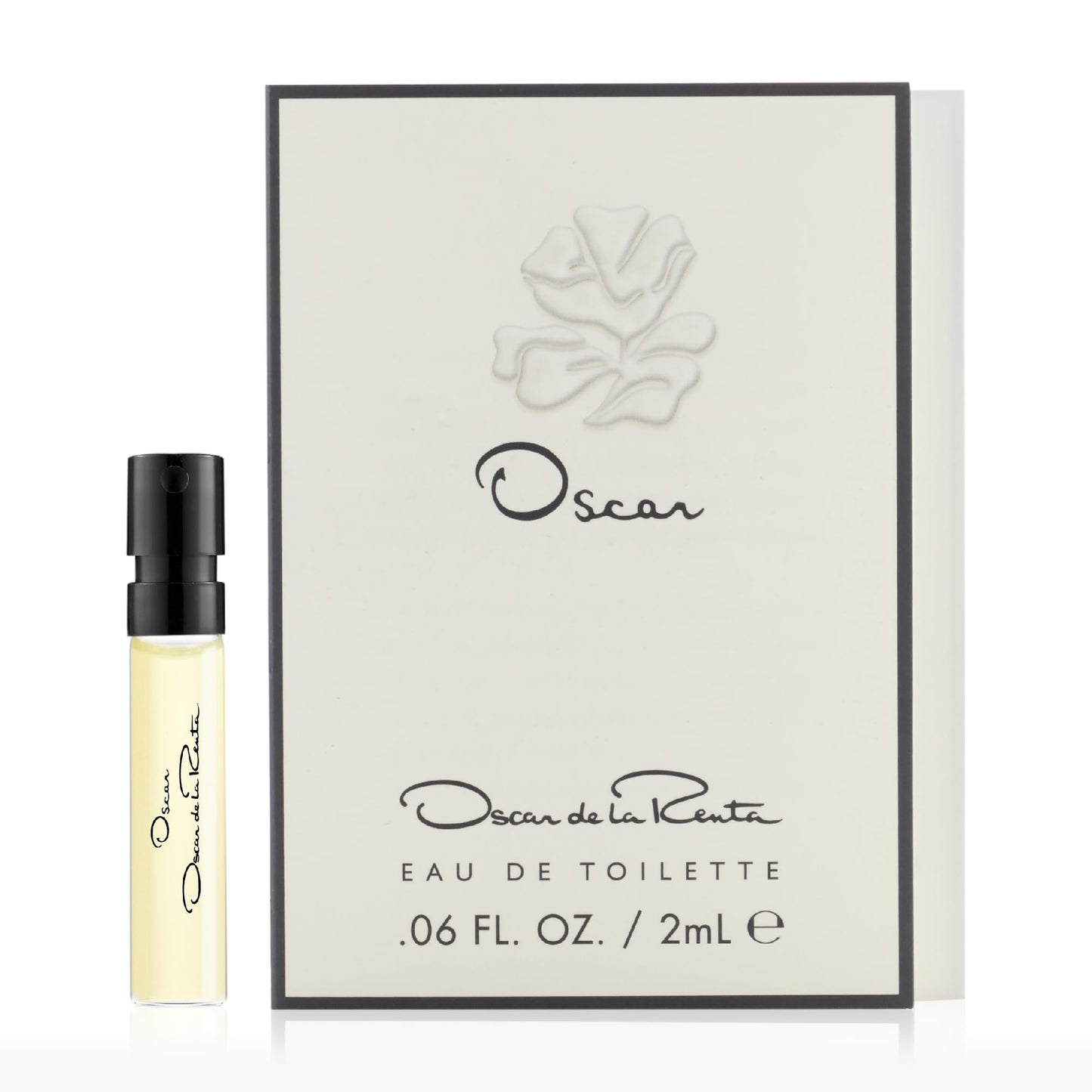 Oscar de la Renta eau de toilette sample with packaging on a white background