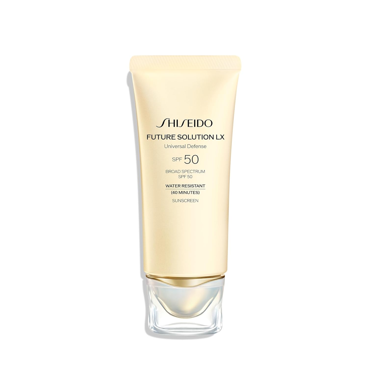 Shiseido Future Solution LX sunscreen tube on a white background