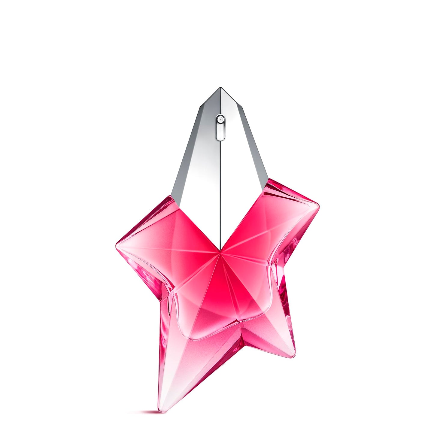 Pink star-shaped perfume bottle with silver cap on a white background