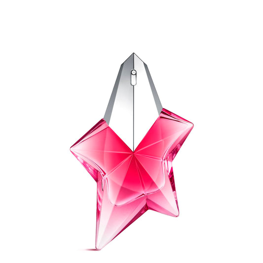 Pink star-shaped perfume bottle with silver cap on a white background